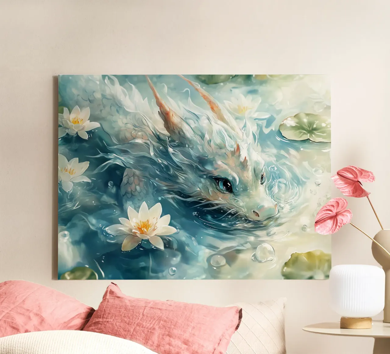Wassergeist: Mystischer Drache unter den Lotusblumen Leinwand mit Schattenfugenrahmen von Théïa's Fantasia World