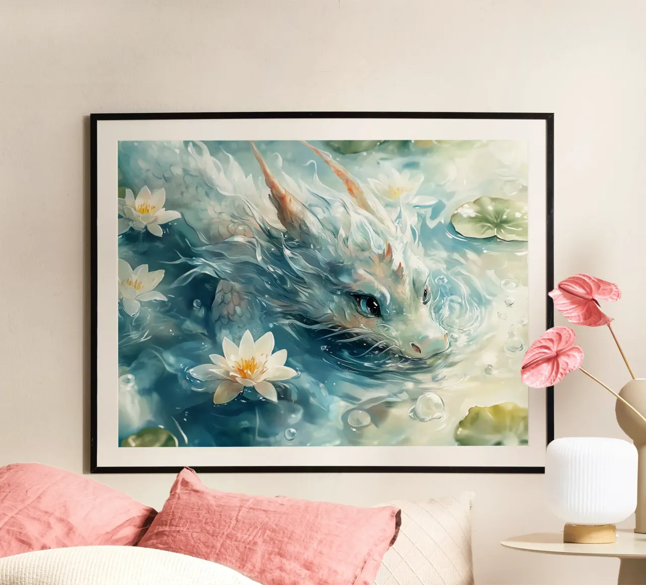 Spirit of Water: Mystic Dragon among the Lotuses poster with wooden frame by Théïa's Fantasia World