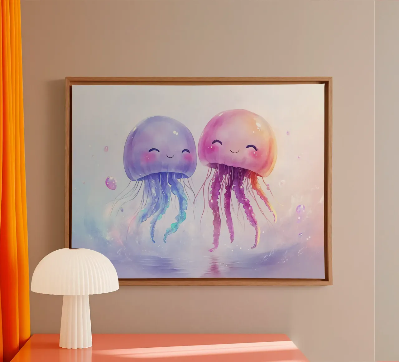 Meeresfreundschaft: Zwei glückliche Kawaii-Quallen Leinwand mit Schattenfugenrahmen von Théïa's Fantasia World