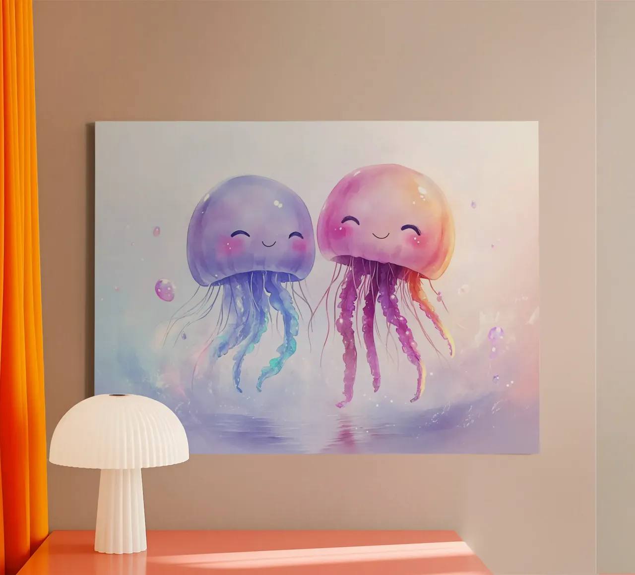 Meeresfreundschaft: Zwei glückliche Kawaii-Quallen Leinwand mit Schattenfugenrahmen von Théïa's Fantasia World