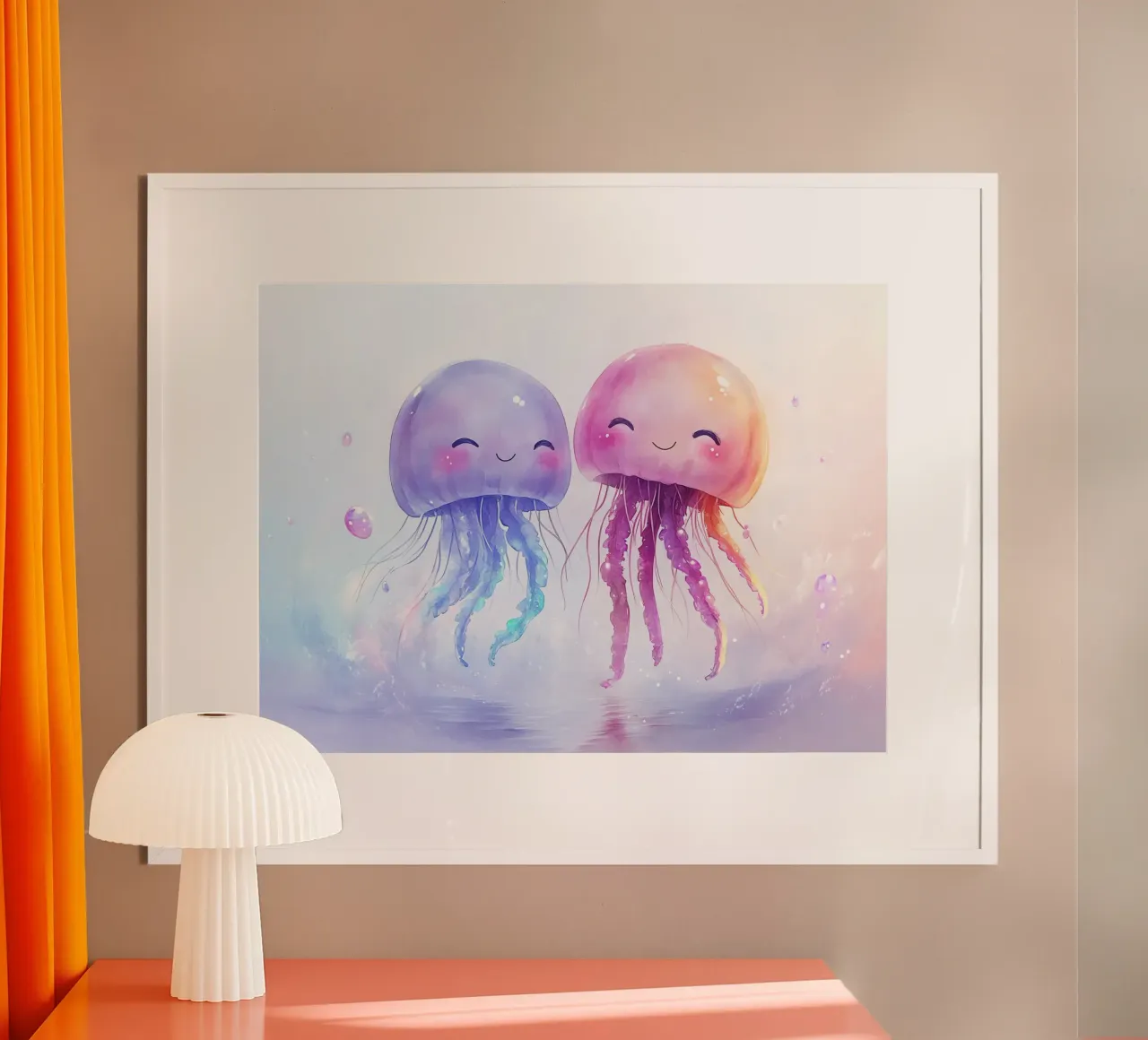 Marine Friendship: Two Happy Kawaii Jellyfish poster with wooden frame by Théïa's Fantasia World