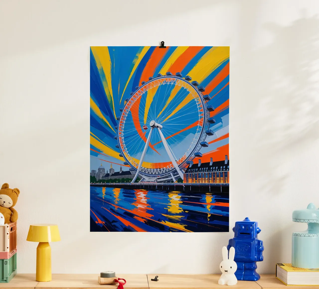 Abstract Artwork of the London Eye in Full Motion poster con telaio in plastica da AlbertKlee