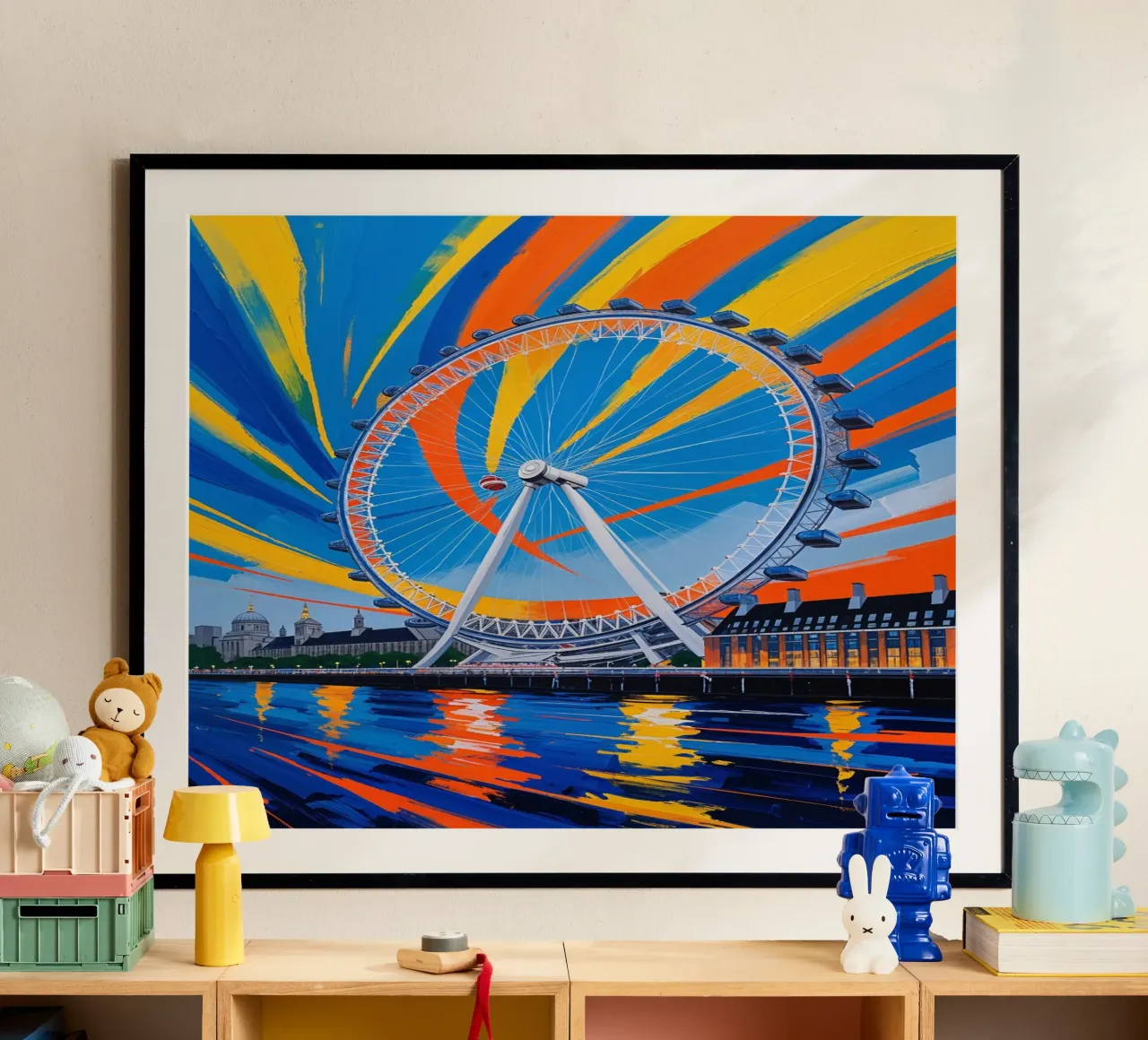 Abstract Artwork of the London Eye in Full Motion poster con telaio in plastica da AlbertKlee