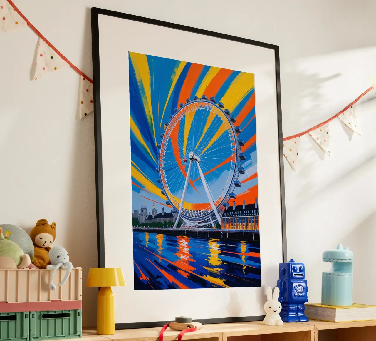 Abstract Artwork of the London Eye in Full Motion poster con telaio in plastica da AlbertKlee