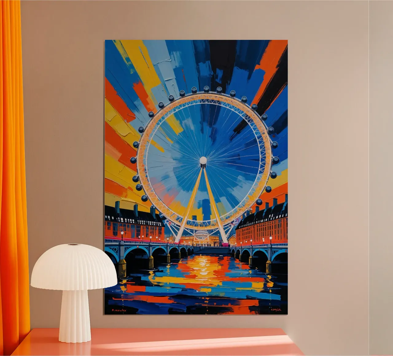 Dynamic Abstract Painting of the London Eye by the Thames poster con telaio in plastica da AlbertKlee