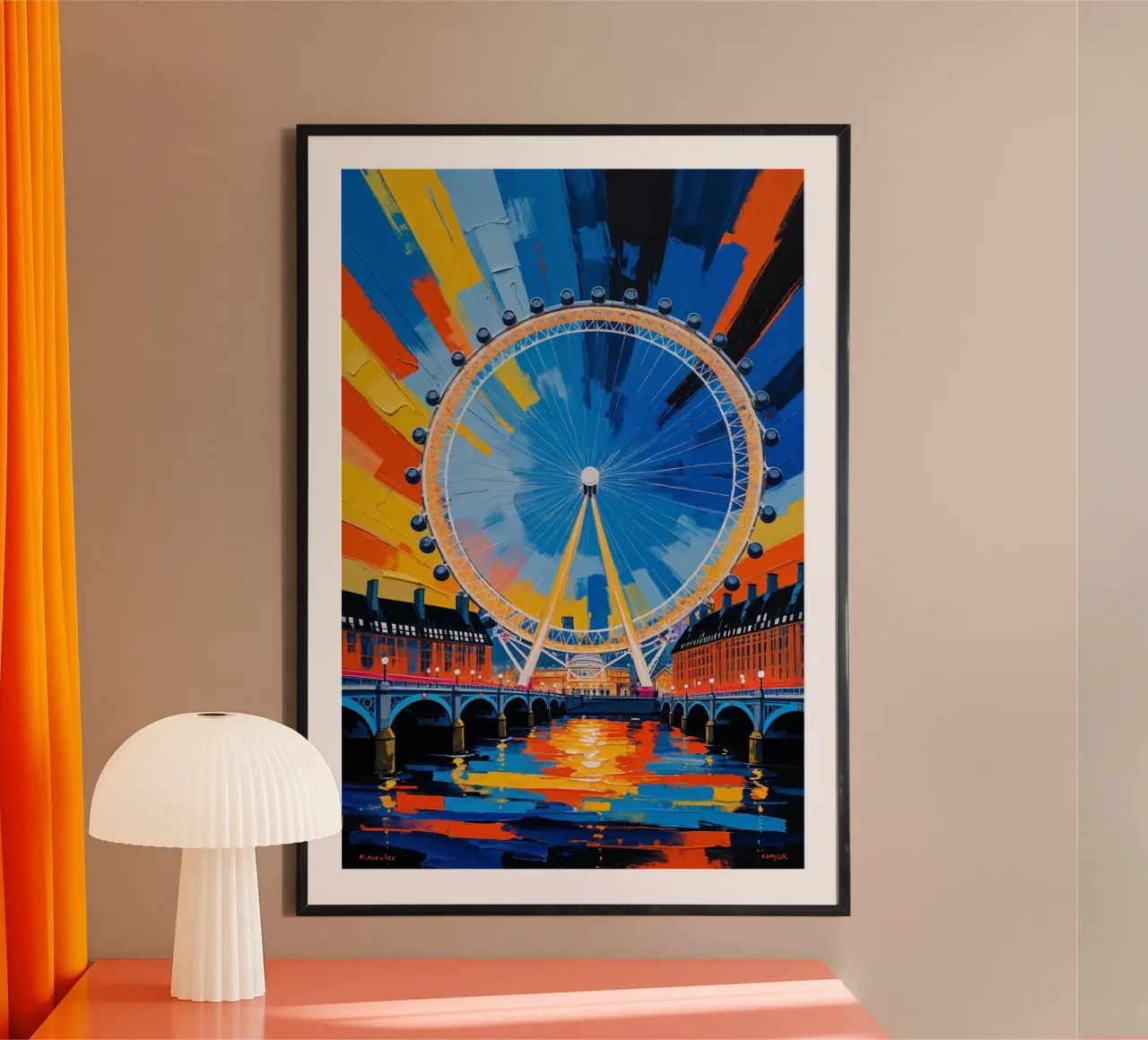 Dynamic Abstract Painting of the London Eye by the Thames poster con telaio in plastica da AlbertKlee