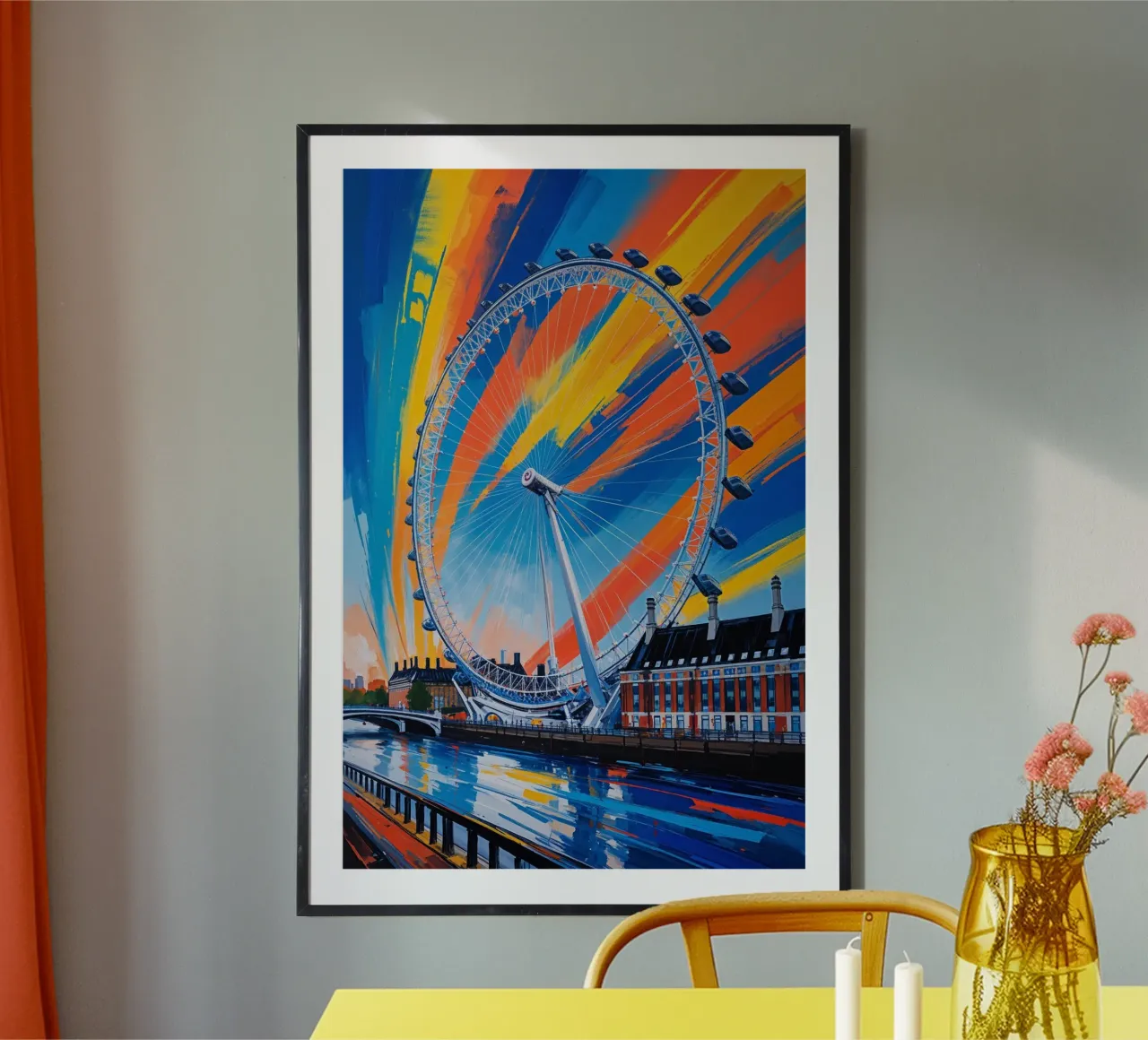 London Eye in Colorful Motion poster con telaio in plastica da AlbertKlee