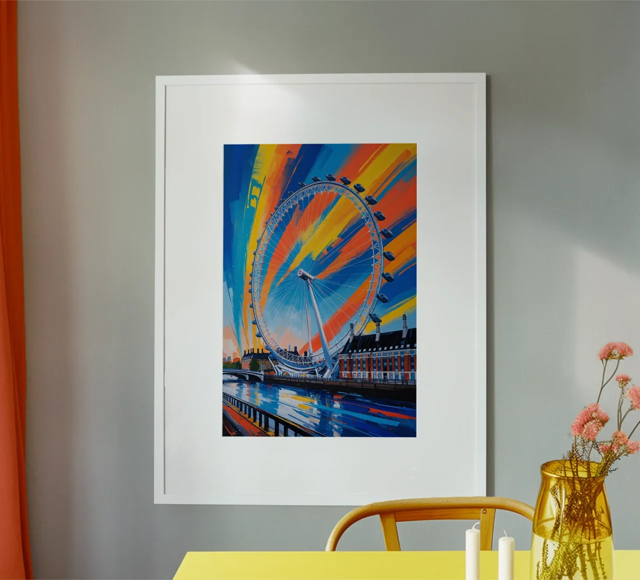 London Eye in Colorful Motion poster con telaio in plastica da AlbertKlee
