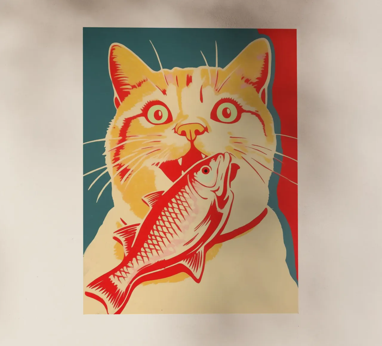 Erfolgreiche Retro Katze & Fisch | Fauvistische Risographie Backlit Folie von Autofocus