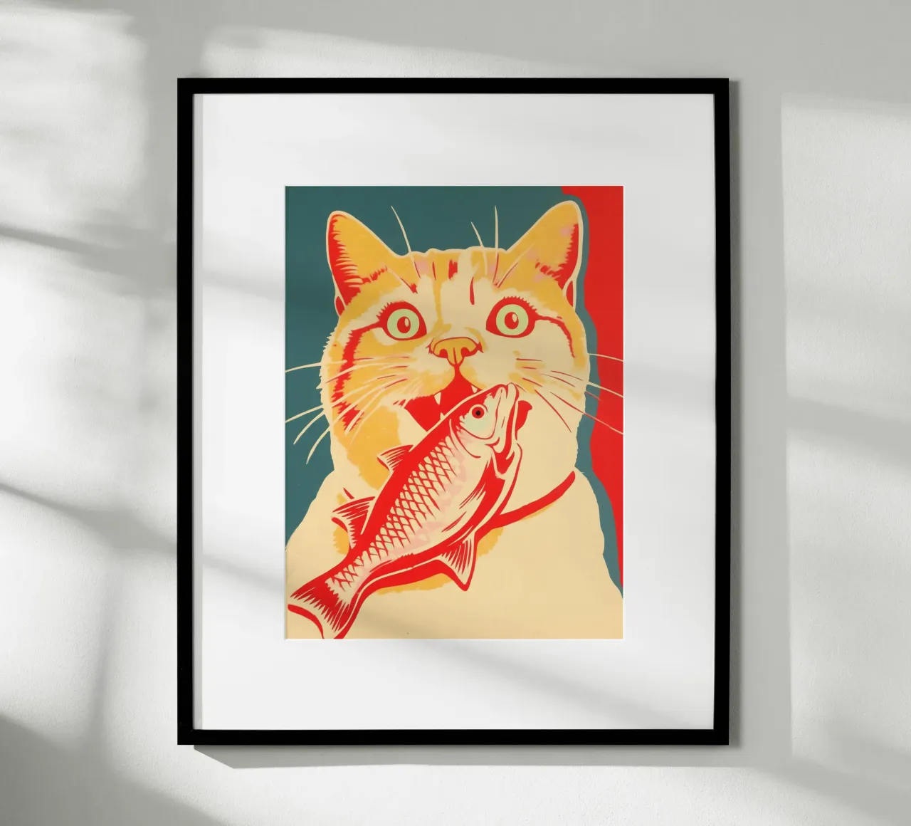 Succès rétro chat & poisson | Risographie fauviste poster avec cadre en plastique de Autofocus