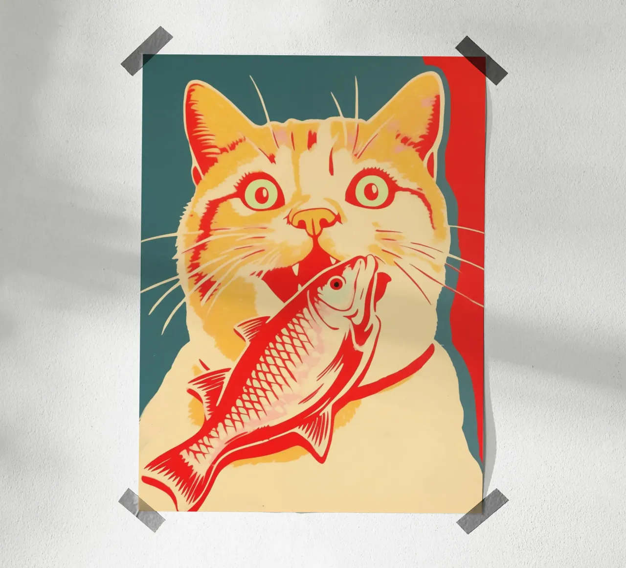 Succès rétro chat & poisson | Risographie fauviste poster avec cadre en plastique de Autofocus