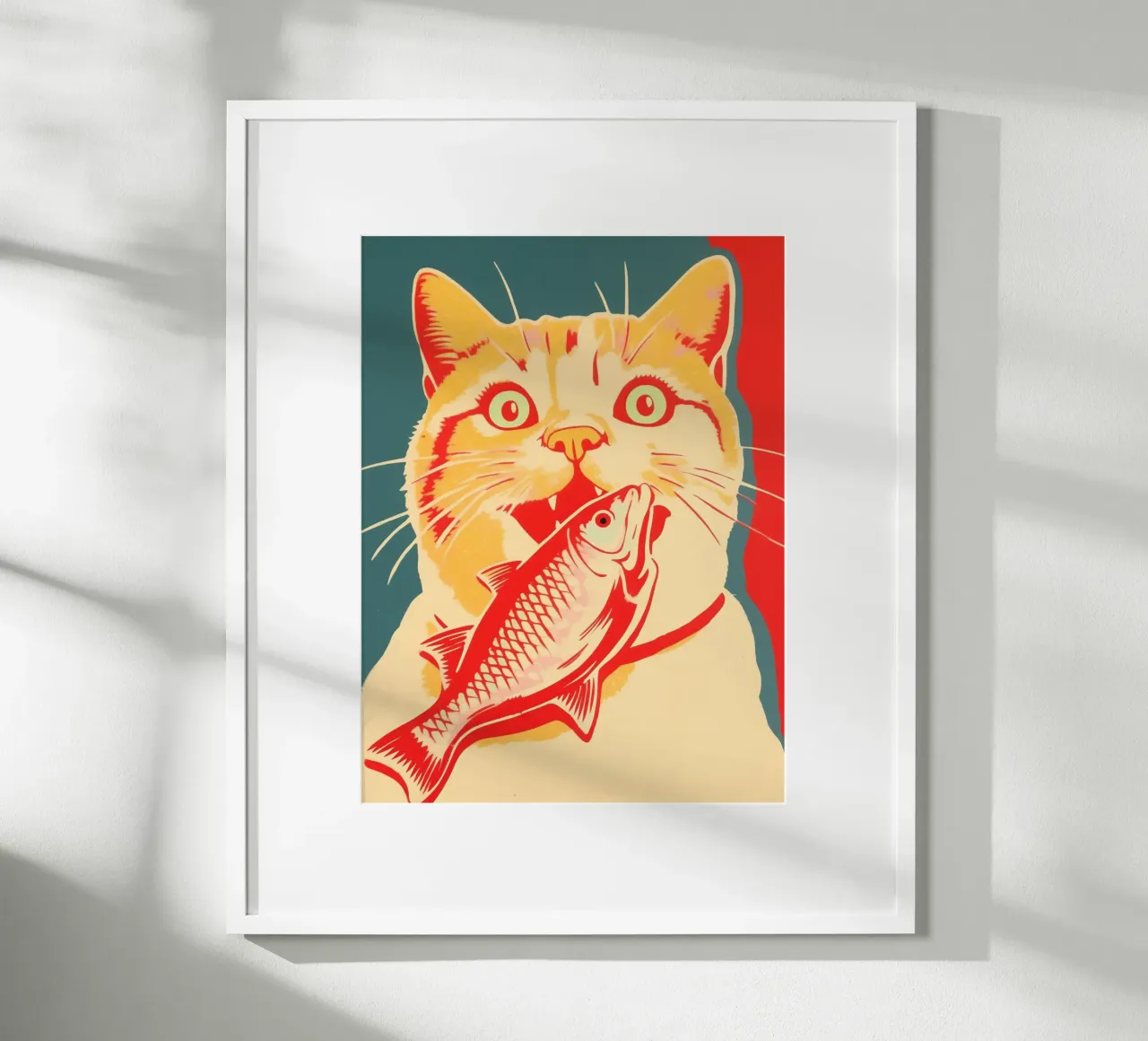 Succès rétro chat & poisson | Risographie fauviste poster avec cadre en plastique de Autofocus