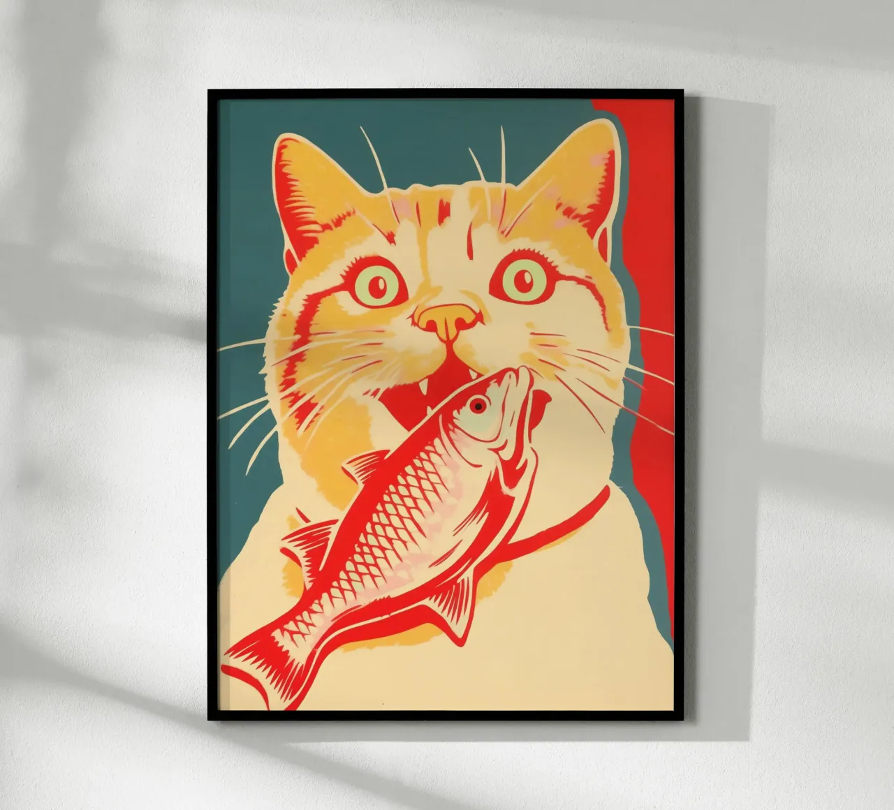 Succès rétro chat & poisson | Risographie fauviste poster avec cadre en plastique de Autofocus
