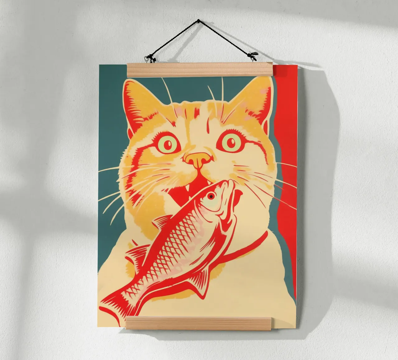 Succès rétro chat & poisson | Risographie fauviste poster avec cadre en plastique de Autofocus