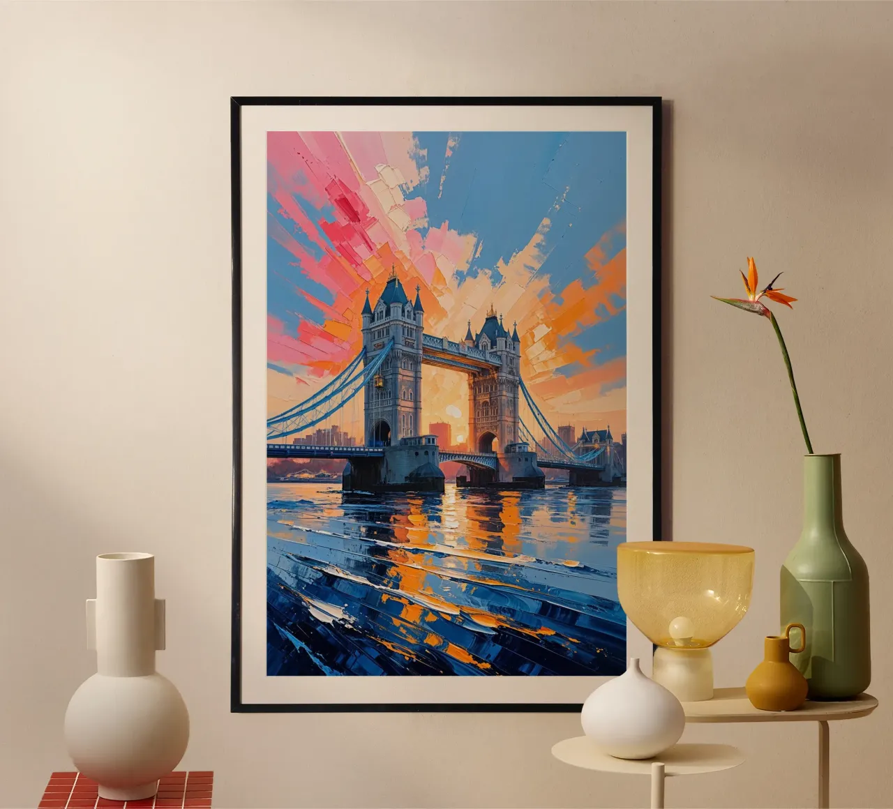 Radiant Evening at Tower Bridge poster con telaio in legno da AlbertKlee