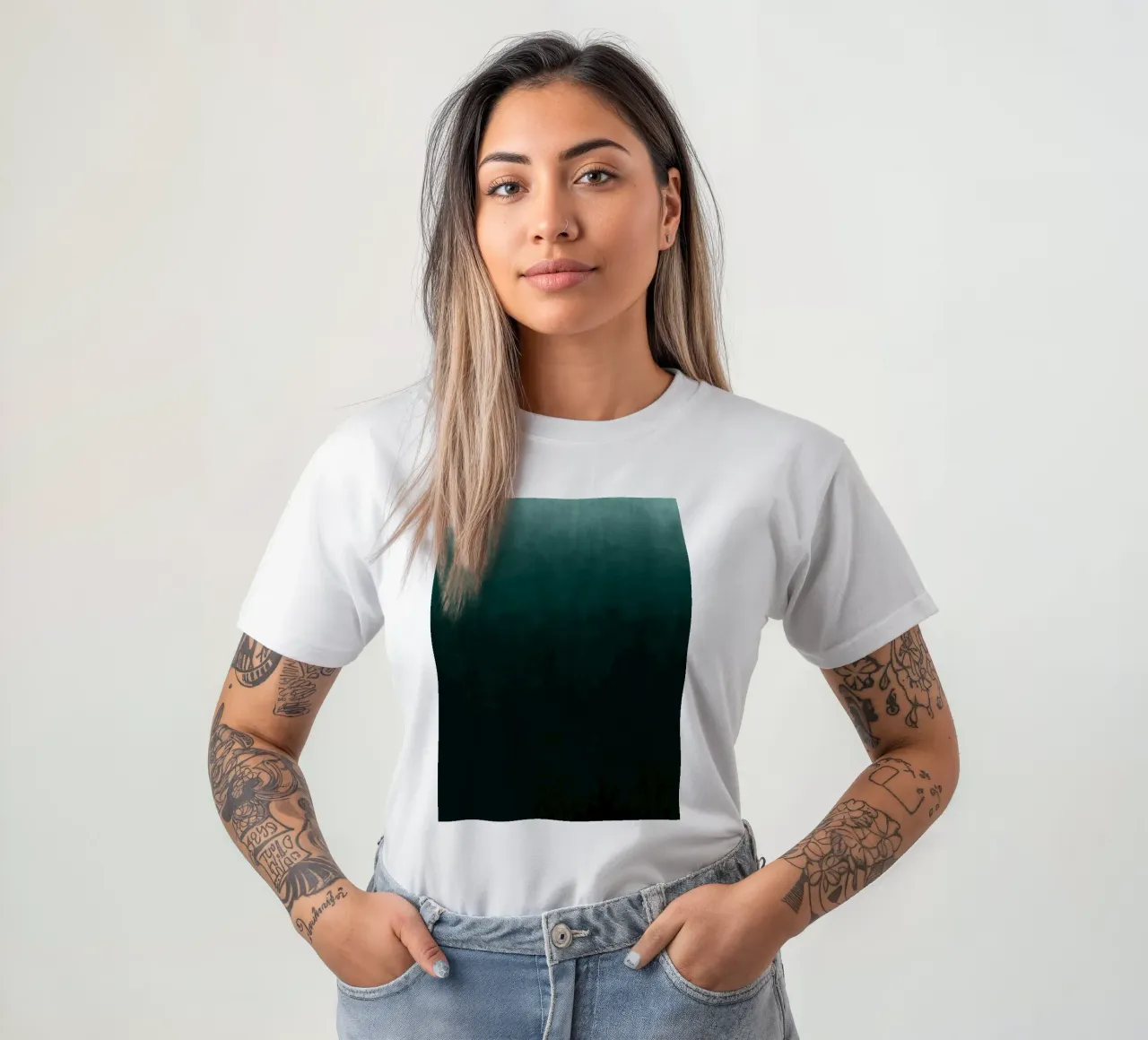 Diep smaragdgroen kleurverloop abstracte kunstdruk t-shirt van kookiepixel