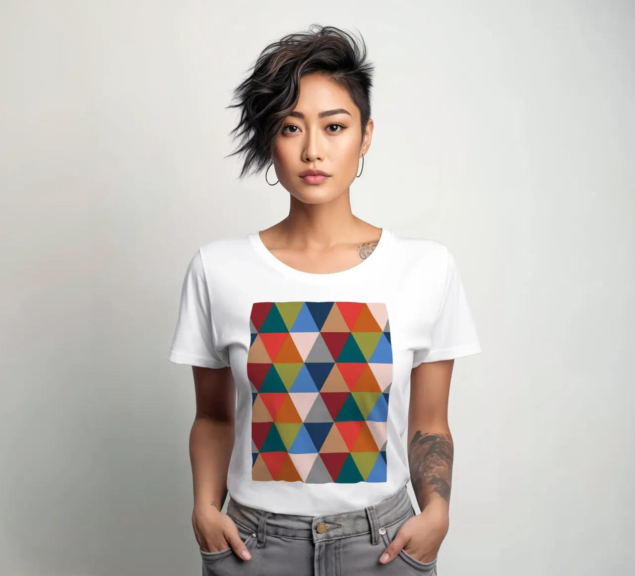 Vibrant Triangles - Colorful Geometric Pattern Print women's fitted t-shirt by kookiepixel