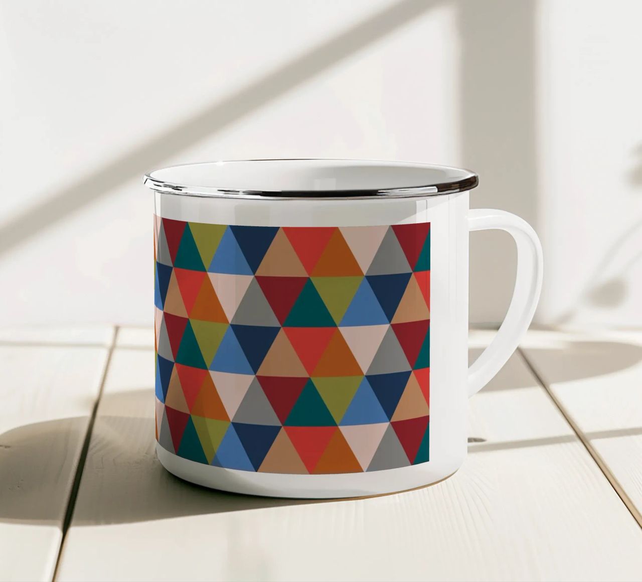 Vibrant Triangles - Colorful Geometric Pattern Print enamel mug by kookiepixel