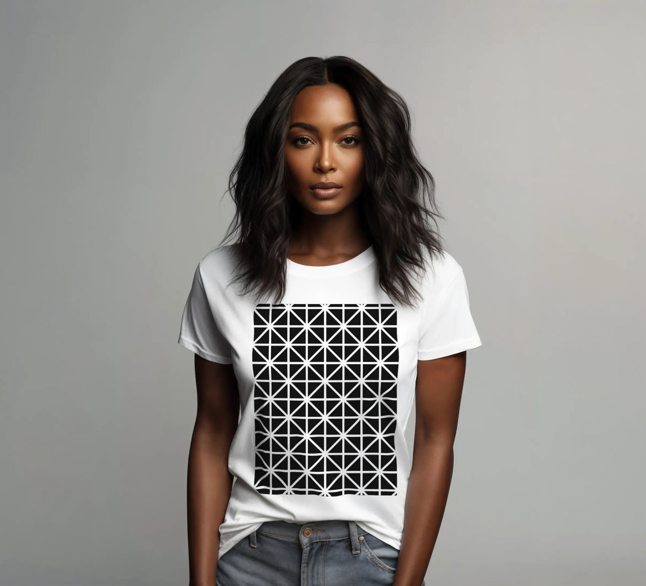 Monochrome Grid Pattern - Minimalist Geometric Design women's fitted t-shirt by kookiepixel