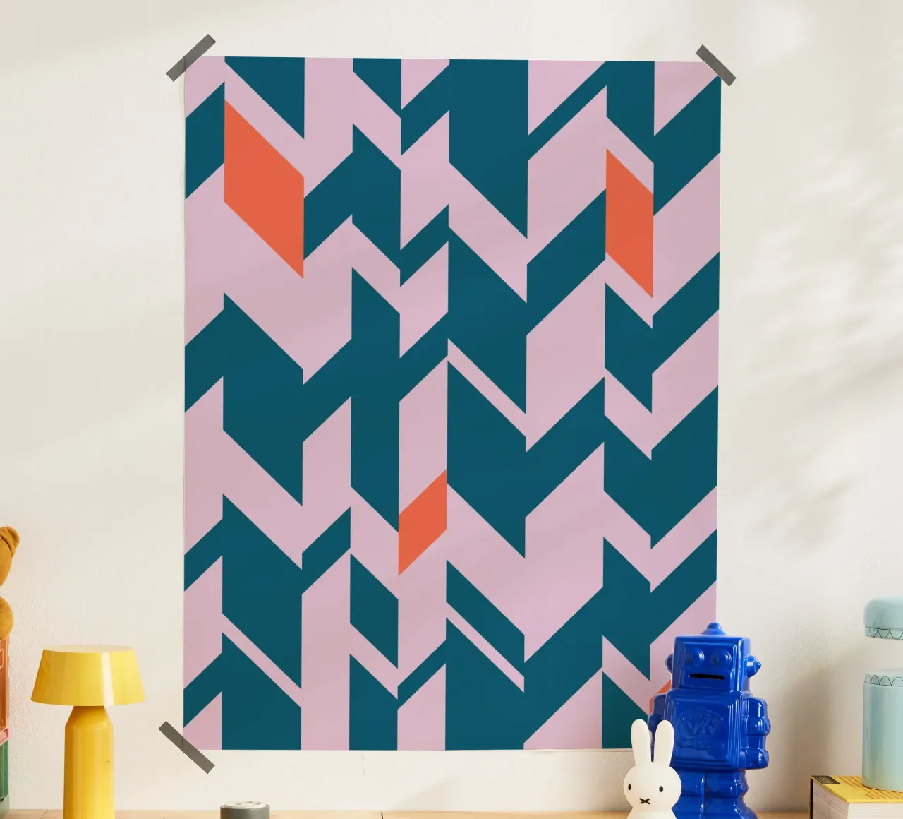 Chevron print - groenblauw, roze en oranje geometrisch ontwerp poster van kookiepixel
