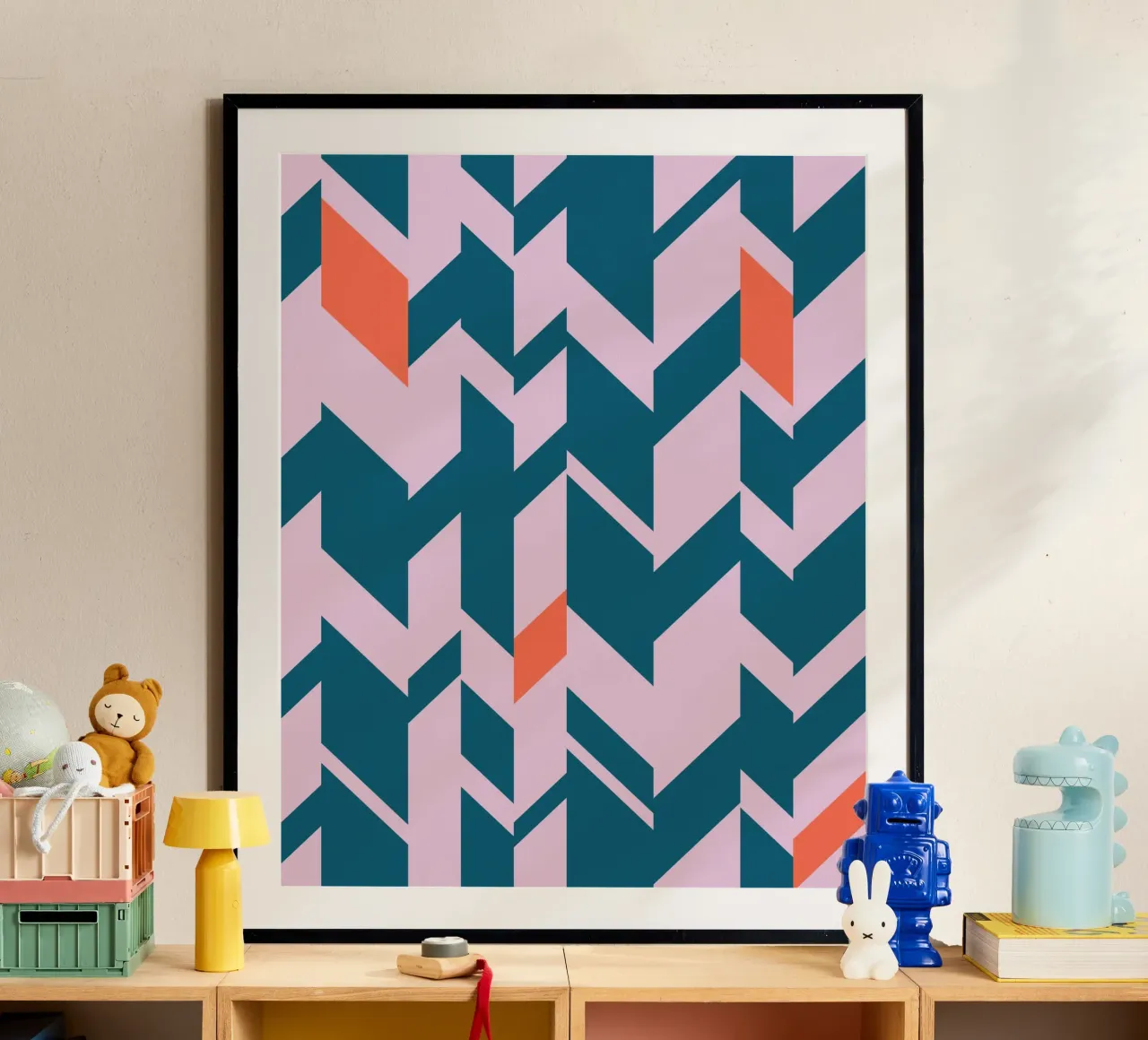 Chevron print - groenblauw, roze en oranje geometrisch ontwerp poster van kookiepixel