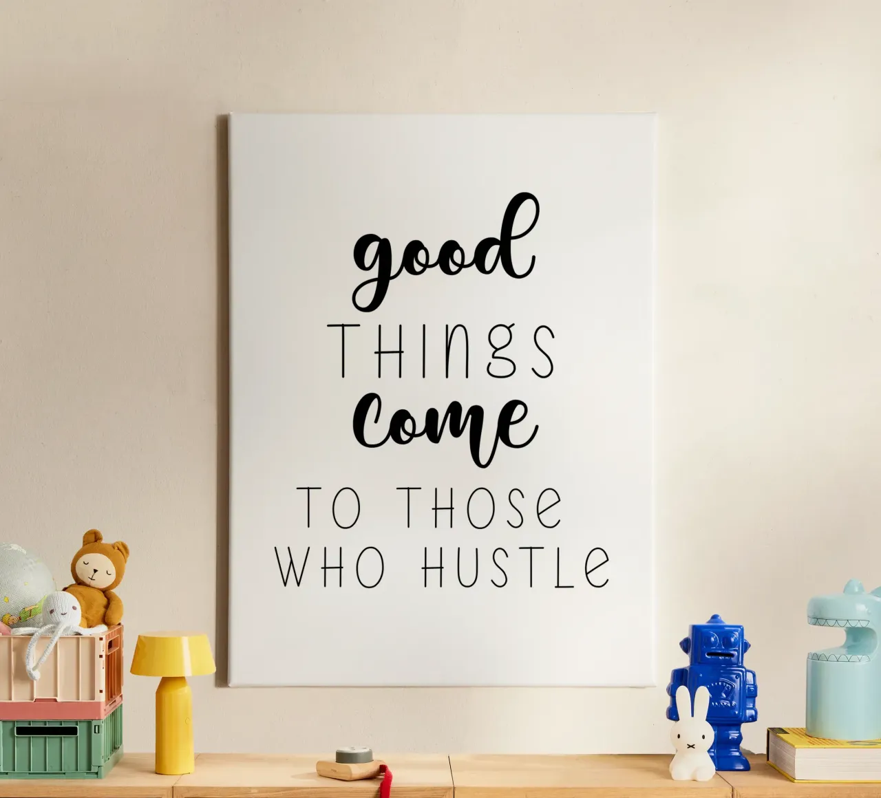 Goede Dingen Komen Voor Zij Die Druk Zijn Motiverend canvas met Baklijst van Shark Printables