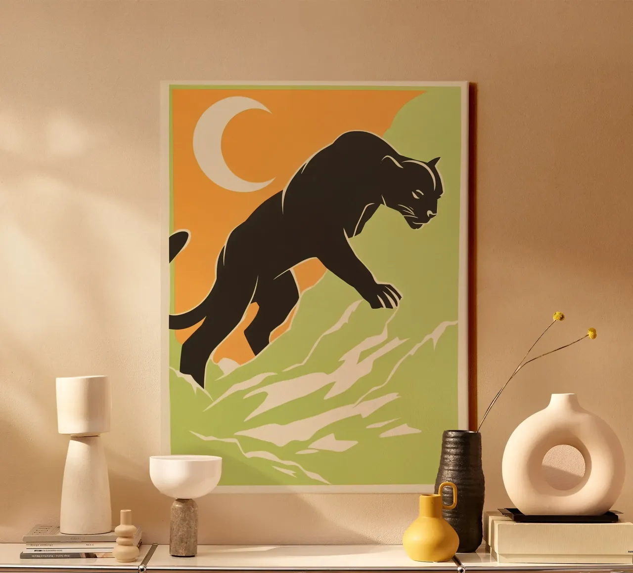 Zwarte panter met oranje halve maan | Serigrafie canvas met Baklijst van Autofocus
