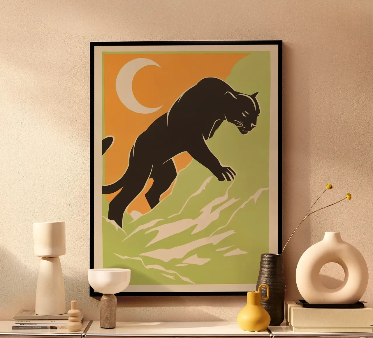 Pantera nera con mezzaluna arancione | Serigrafia poster con telaio in plastica da Autofocus