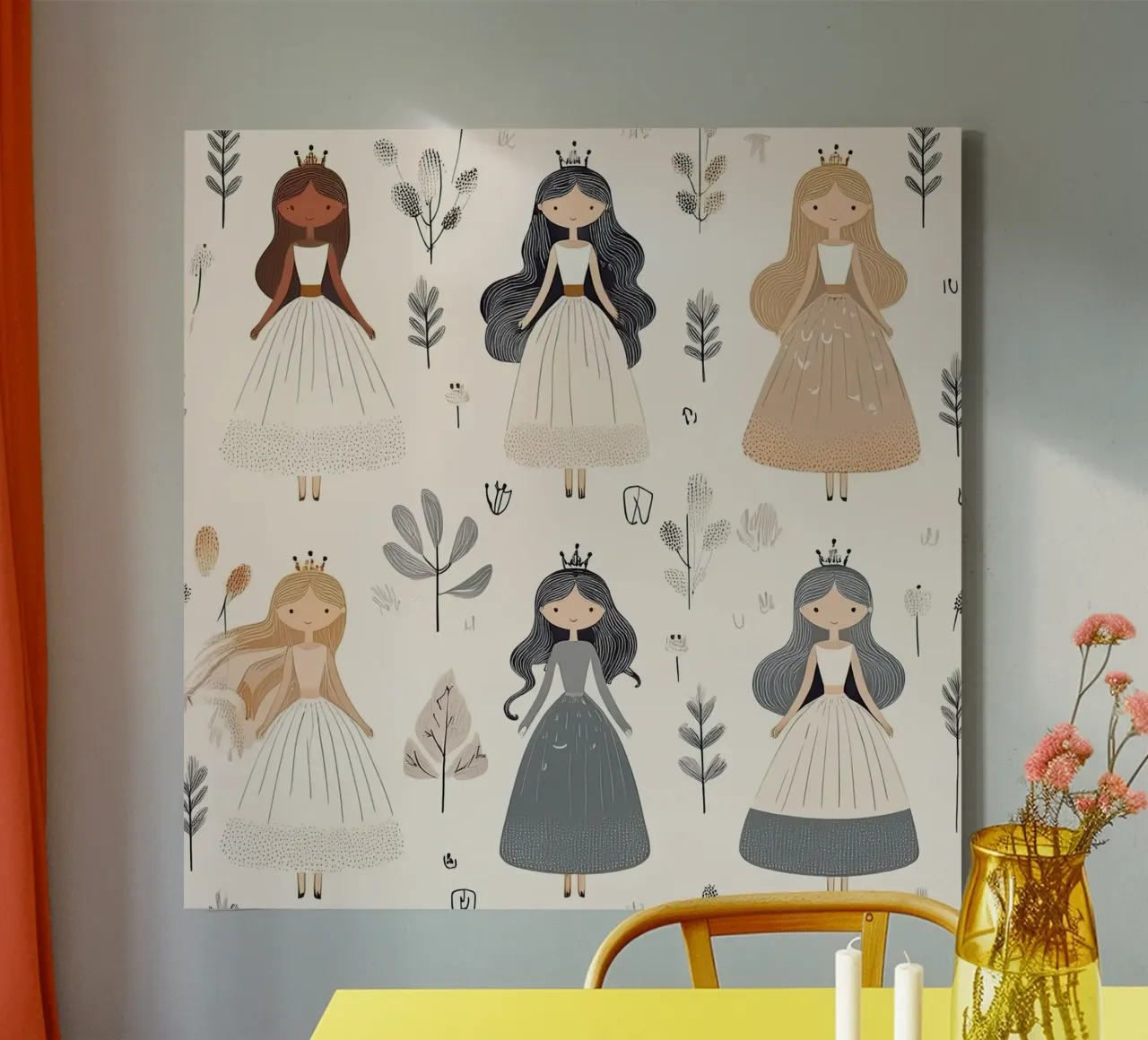 Whimsical Princess Pattern – Fairytale Wall Art for Kids canvas with Floater frame by HoneyDesignsByK