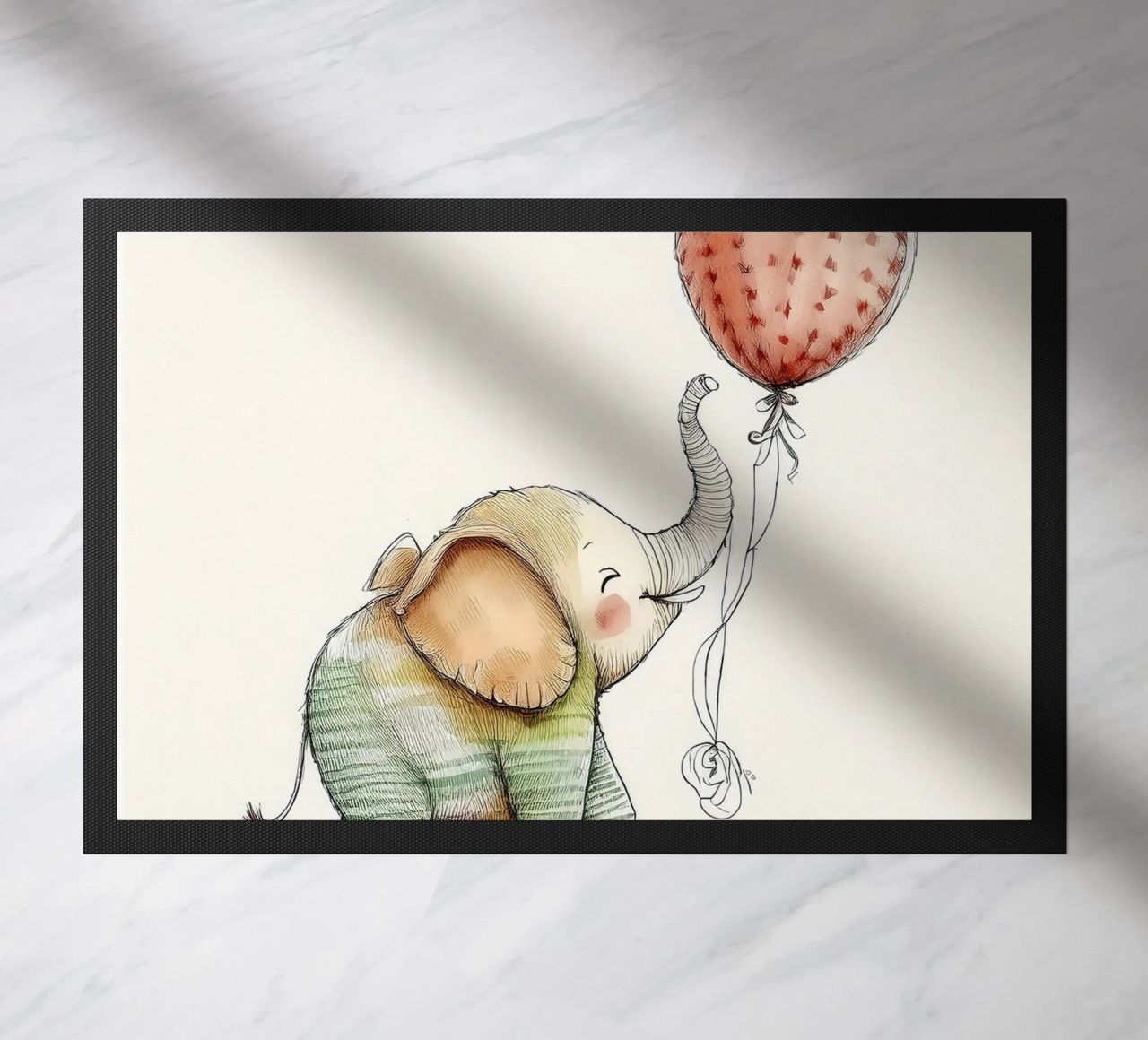 Verspielter Elefant mit Luftballon - Kinderzimmer Kunst Fußmatte von HoneyDesignsByK