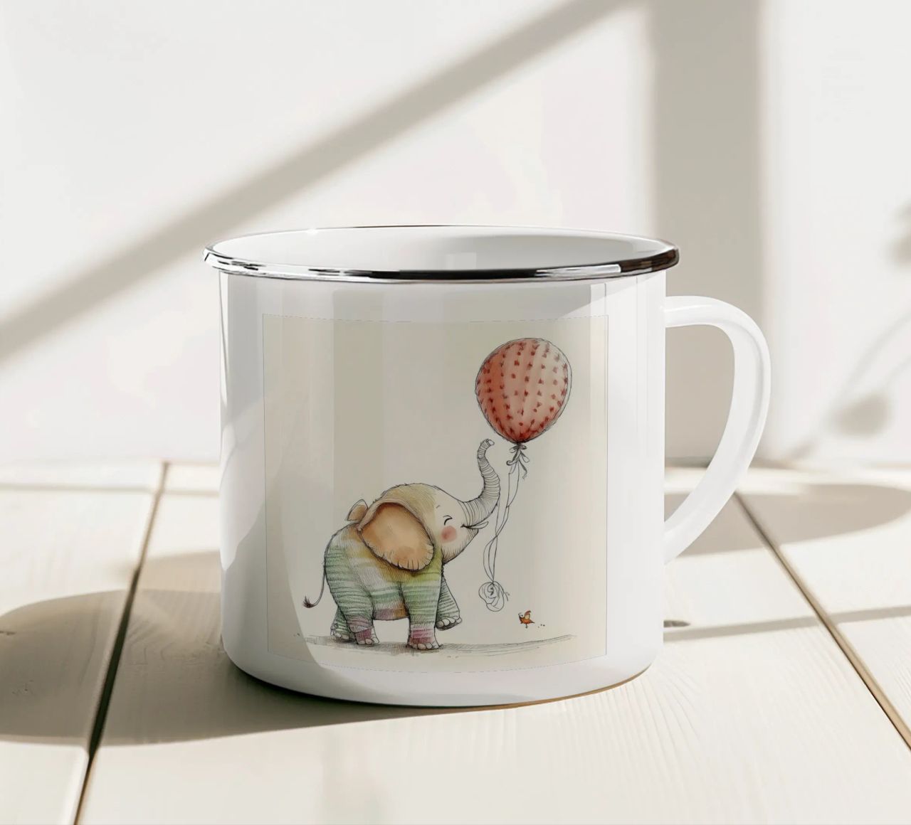 Verspielter Elefant mit Luftballon - Kinderzimmer Kunst Emaille Tasse von HoneyDesignsByK