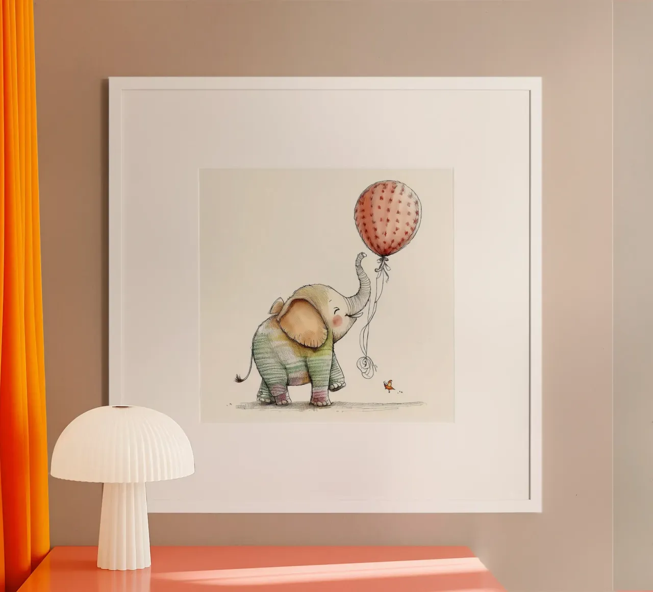 Elefante giocoso con palloncino - Arte per la camera dei bambini poster con telaio in legno da HoneyDesignsByK