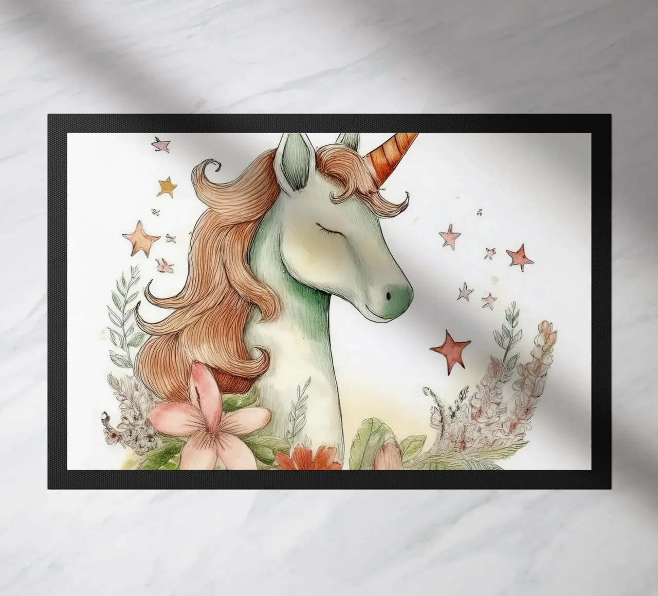 Enchanted Unicorn with Flowers – Fantasy Nursery Art doormat by HoneyDesignsByK