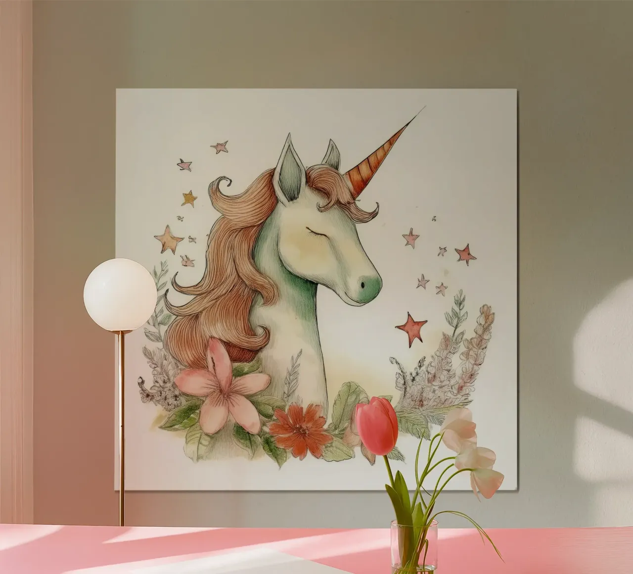 Enchanted Unicorn with Flowers – Fantasy Nursery Art poster with plastic frame by HoneyDesignsByK