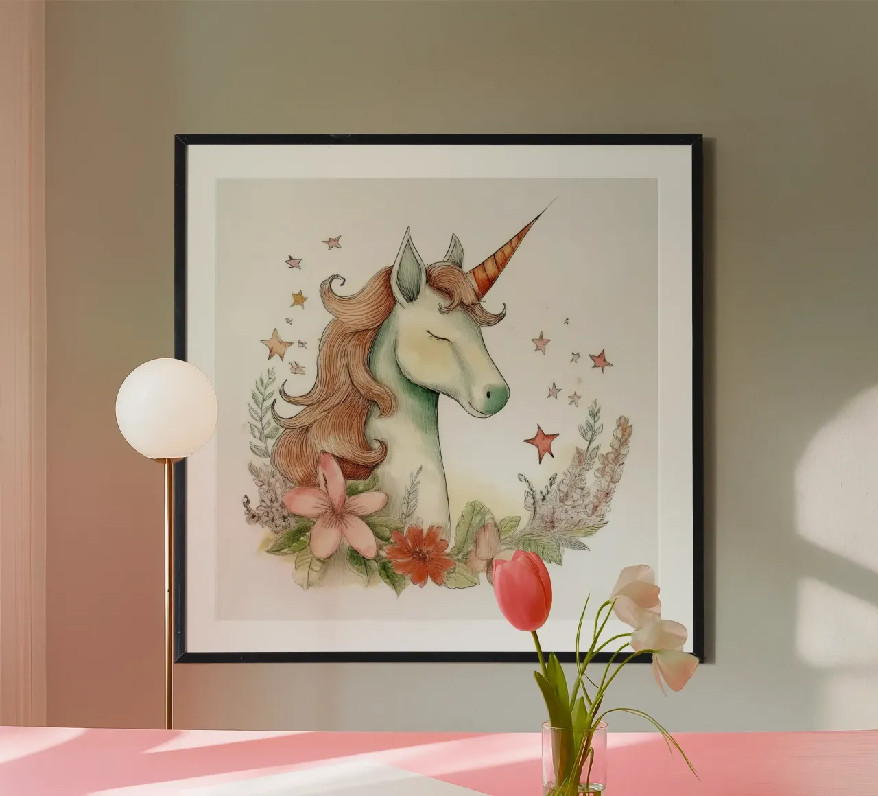 Enchanted Unicorn with Flowers – Fantasy Nursery Art poster with plastic frame by HoneyDesignsByK