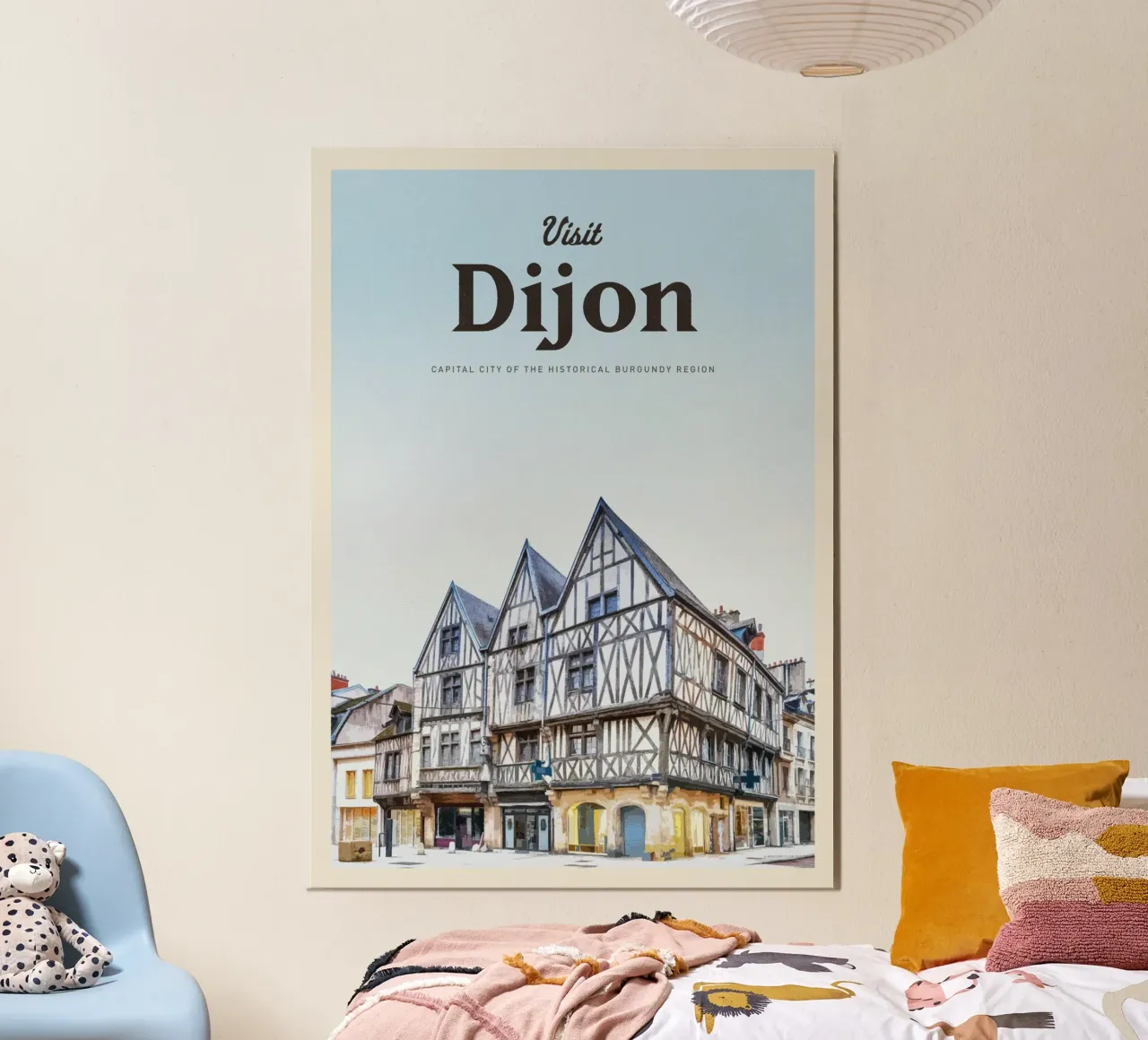 Travel to Dijon poster with wooden frame by Mercury Club