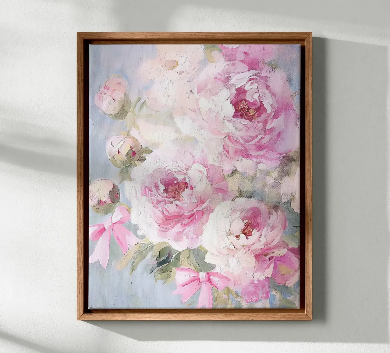 Spring Abstract Flower Peonies Pink Bow Botanical Floral canvas with Floater frame by Gentle Echoes Art