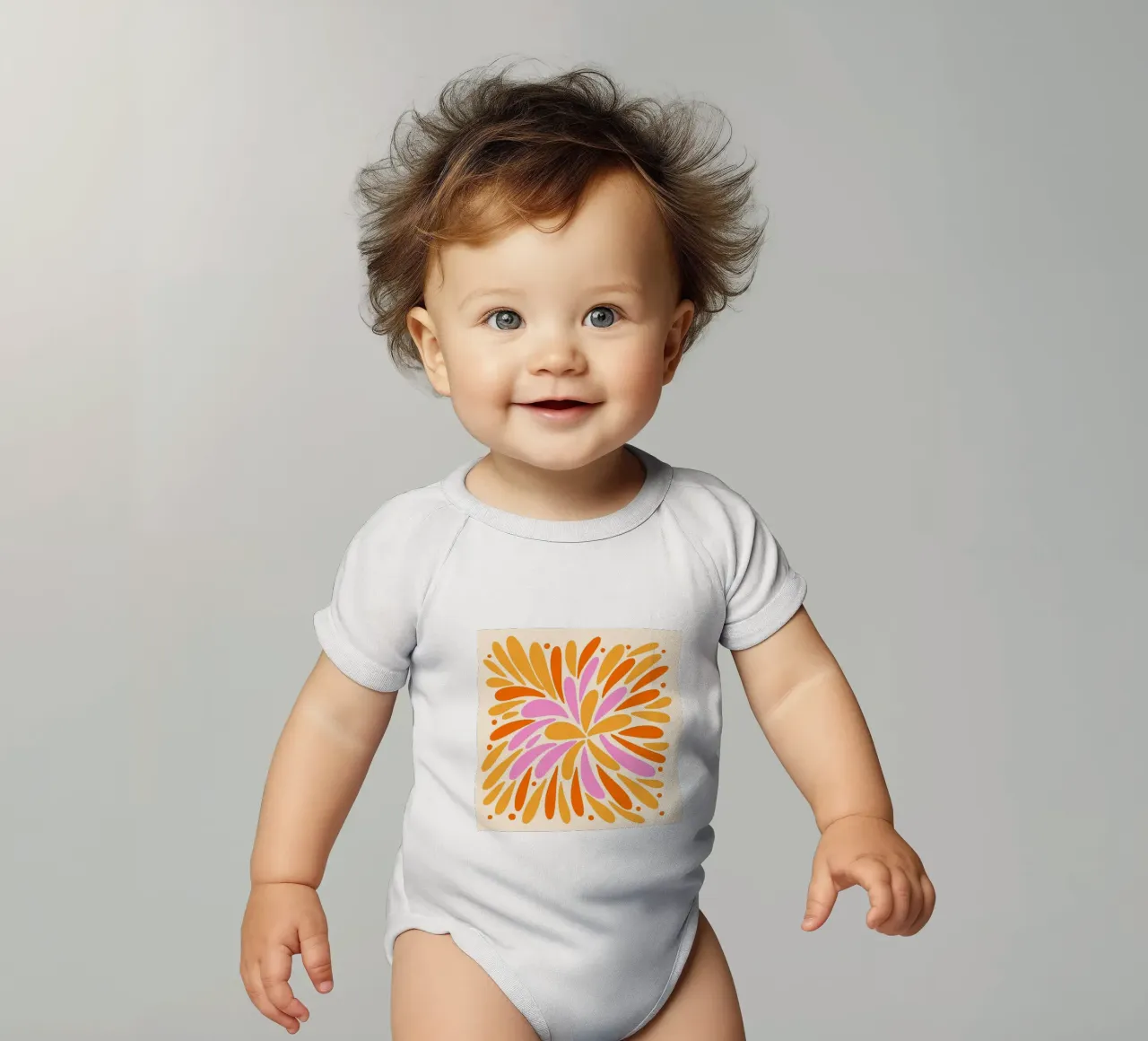 Floral burst - yellow, pink, orange short-sleeve baby romper by Wackapacka