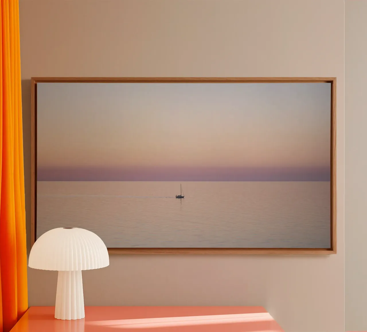 Boot im rosafarbenen Sonnenuntergang canvas met Baklijst van Stina Freytag