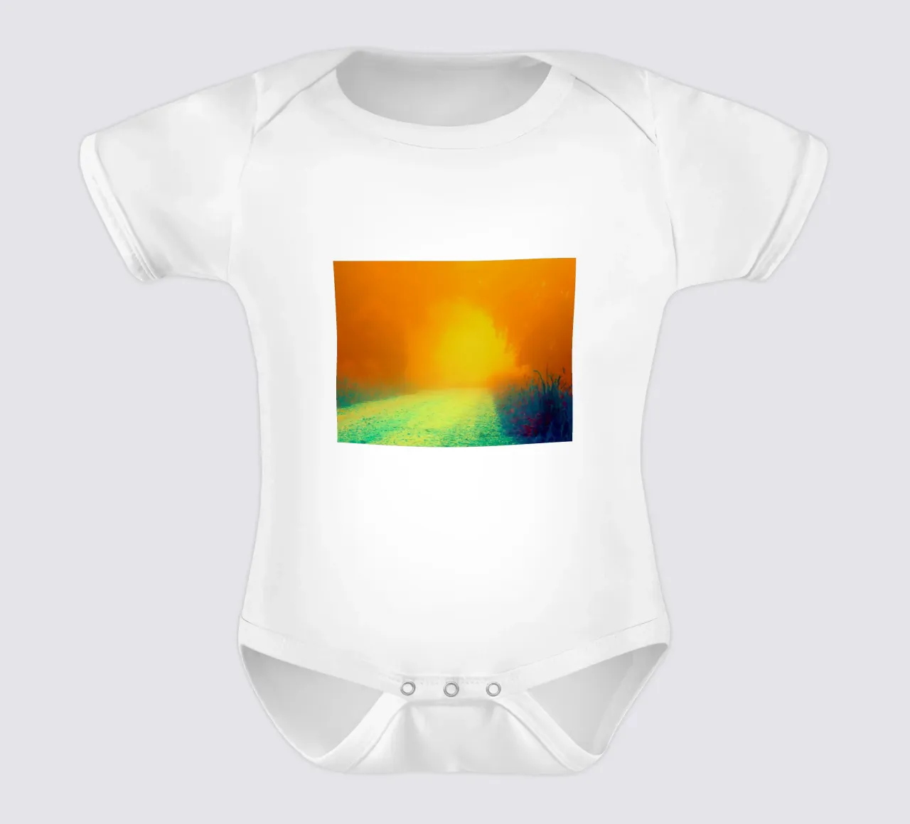 A path in the forest in the fog short-sleeve baby romper by Something for you