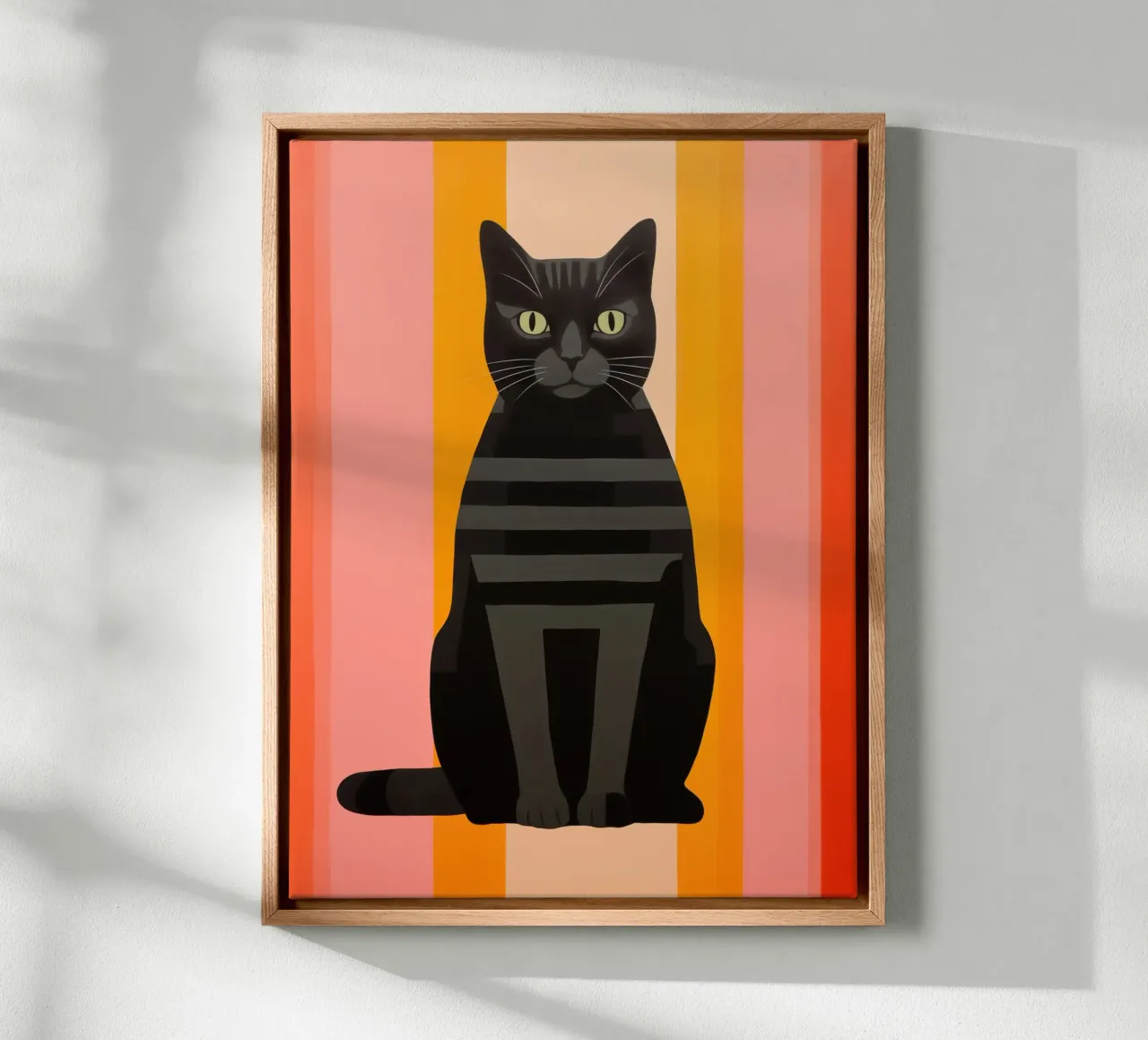 Gestreepte zwarte kat met roze en oranje | Minimalisme canvas met Baklijst van Autofocus