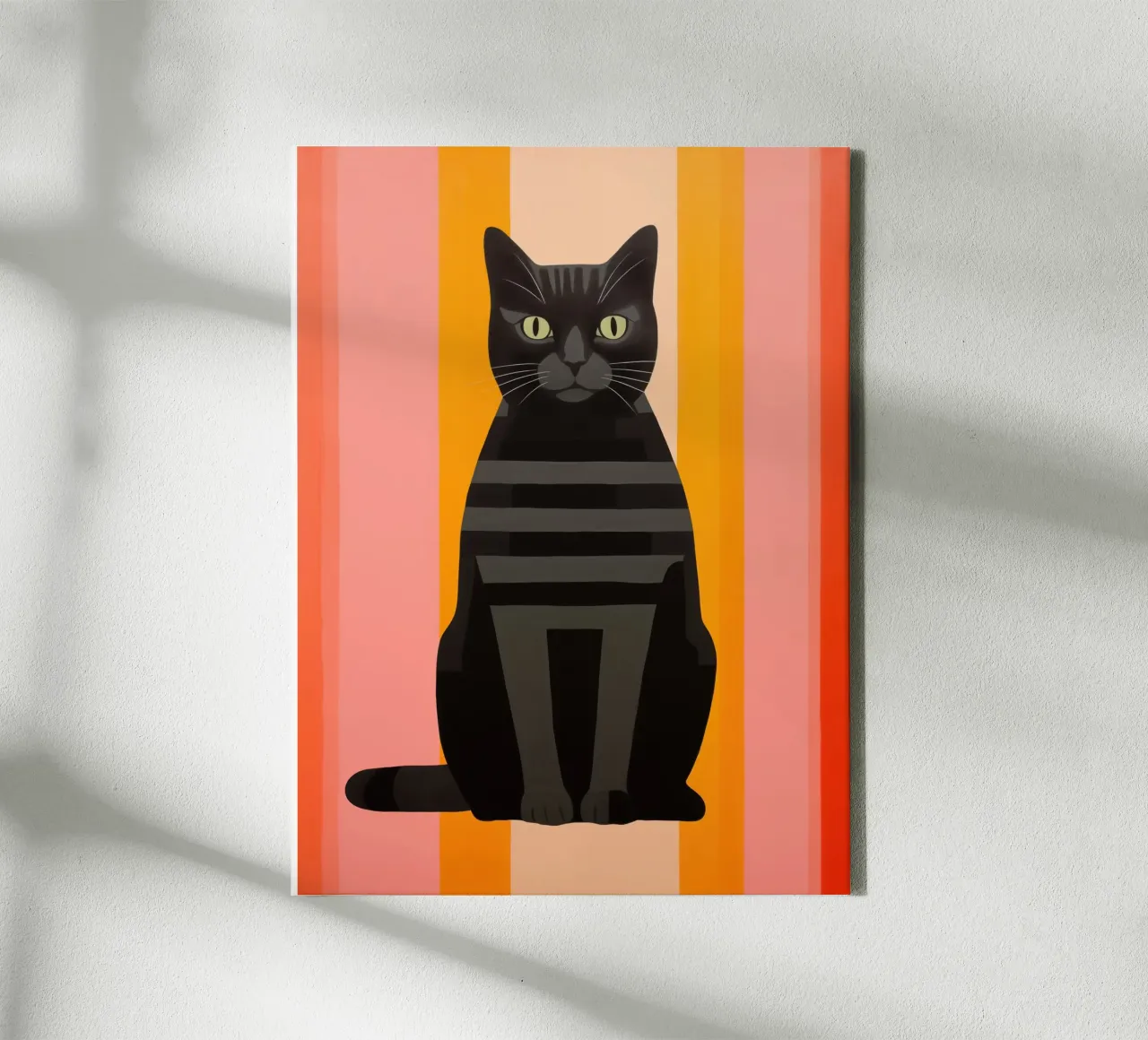Gestreepte zwarte kat met roze en oranje | Minimalisme canvas met Baklijst van Autofocus