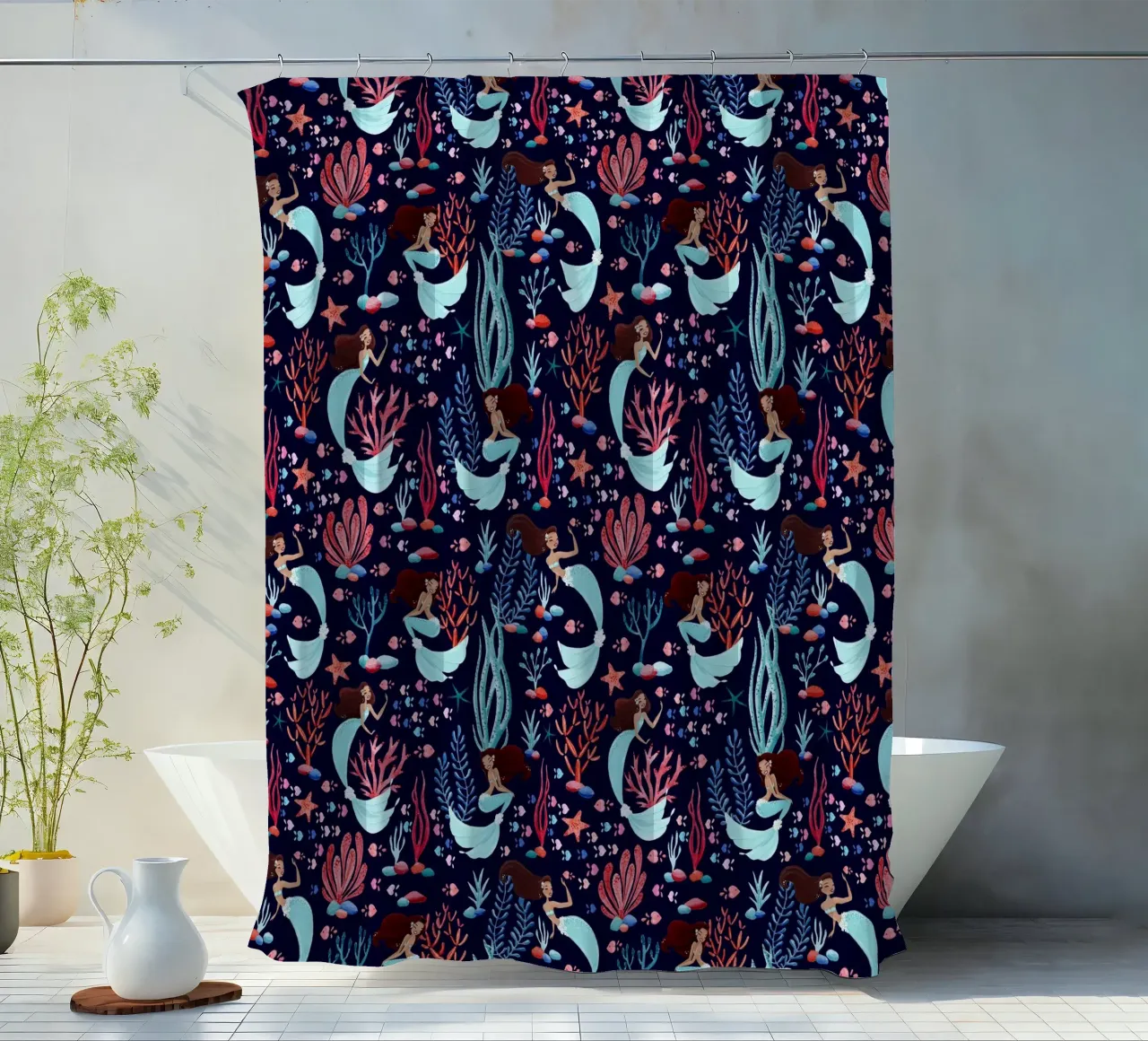 Fantom Fifi Art - Meerjungfrauen Muster Navy Duschvorhang von The Artcircle