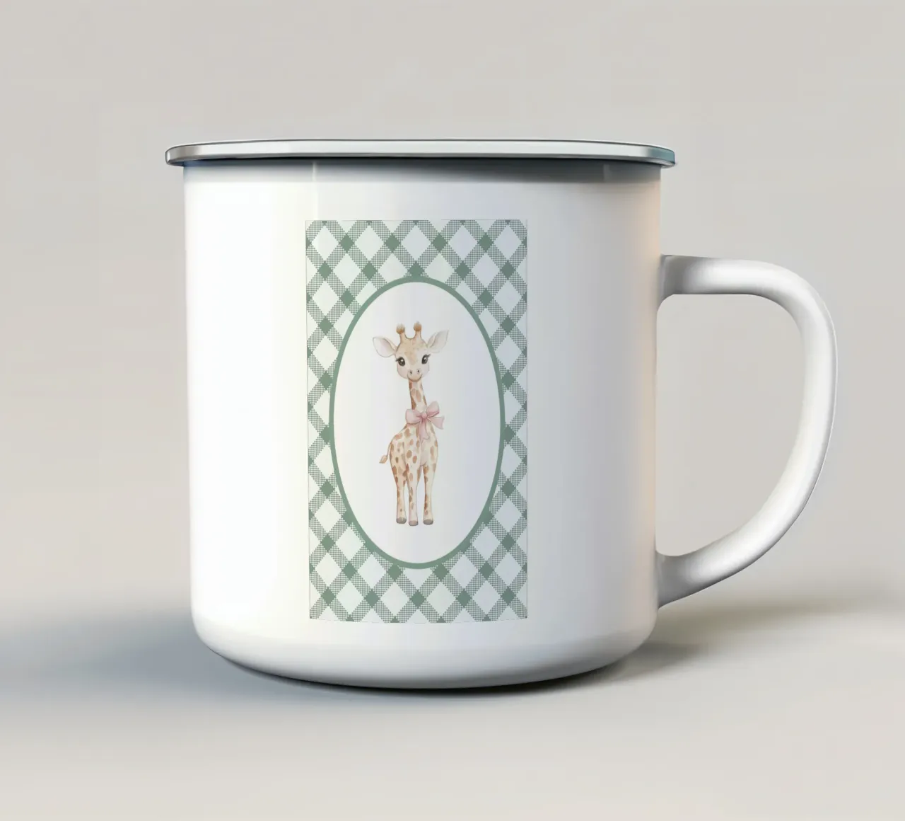 Baby Giraffa con fiocco rosa tazza in smalto da Jungle Joy Art