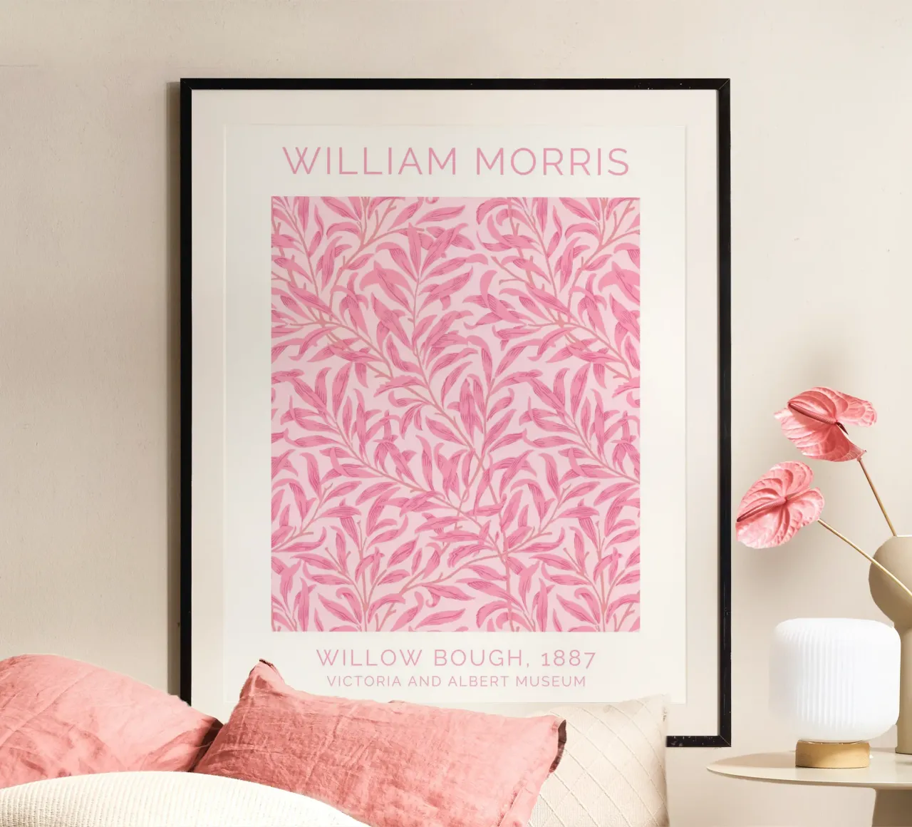 William Morris, ramo di salice rosa, arte botanica d'epoca poster con telaio in legno da ArtHaus