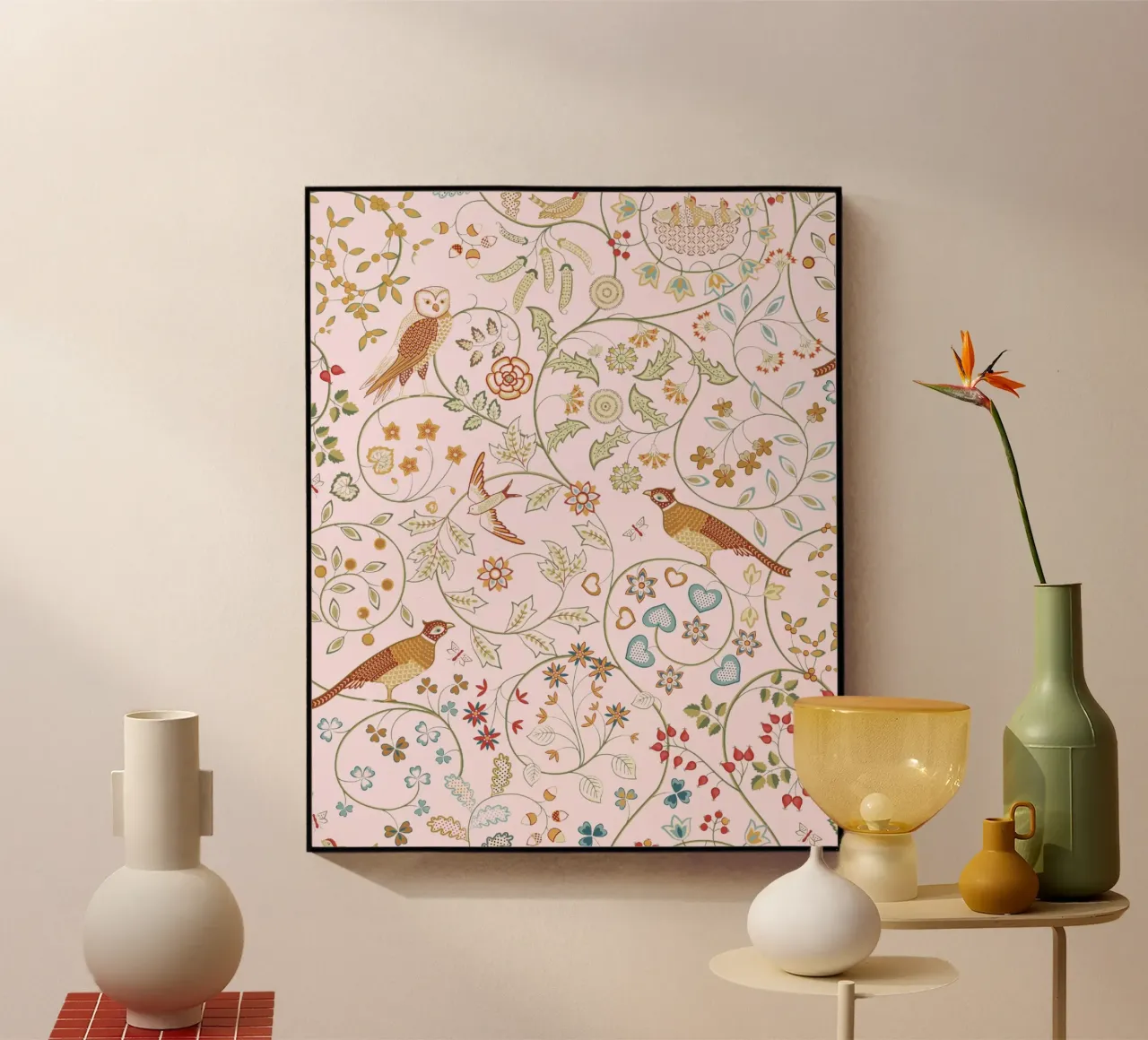 William Morris Vogel & Uil Vintage Print, Bloemenpatroon acryl van ArtHaus