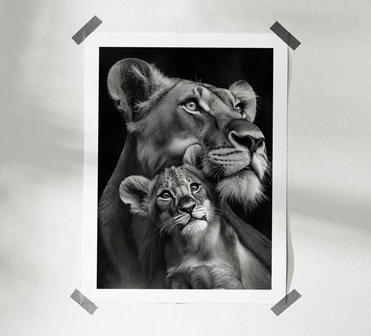 Una leonessa e il suo cucciolo poster con telaio in legno da Monochrome
