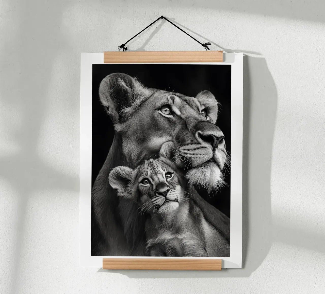 Una leonessa e il suo cucciolo poster con telaio in legno da Monochrome