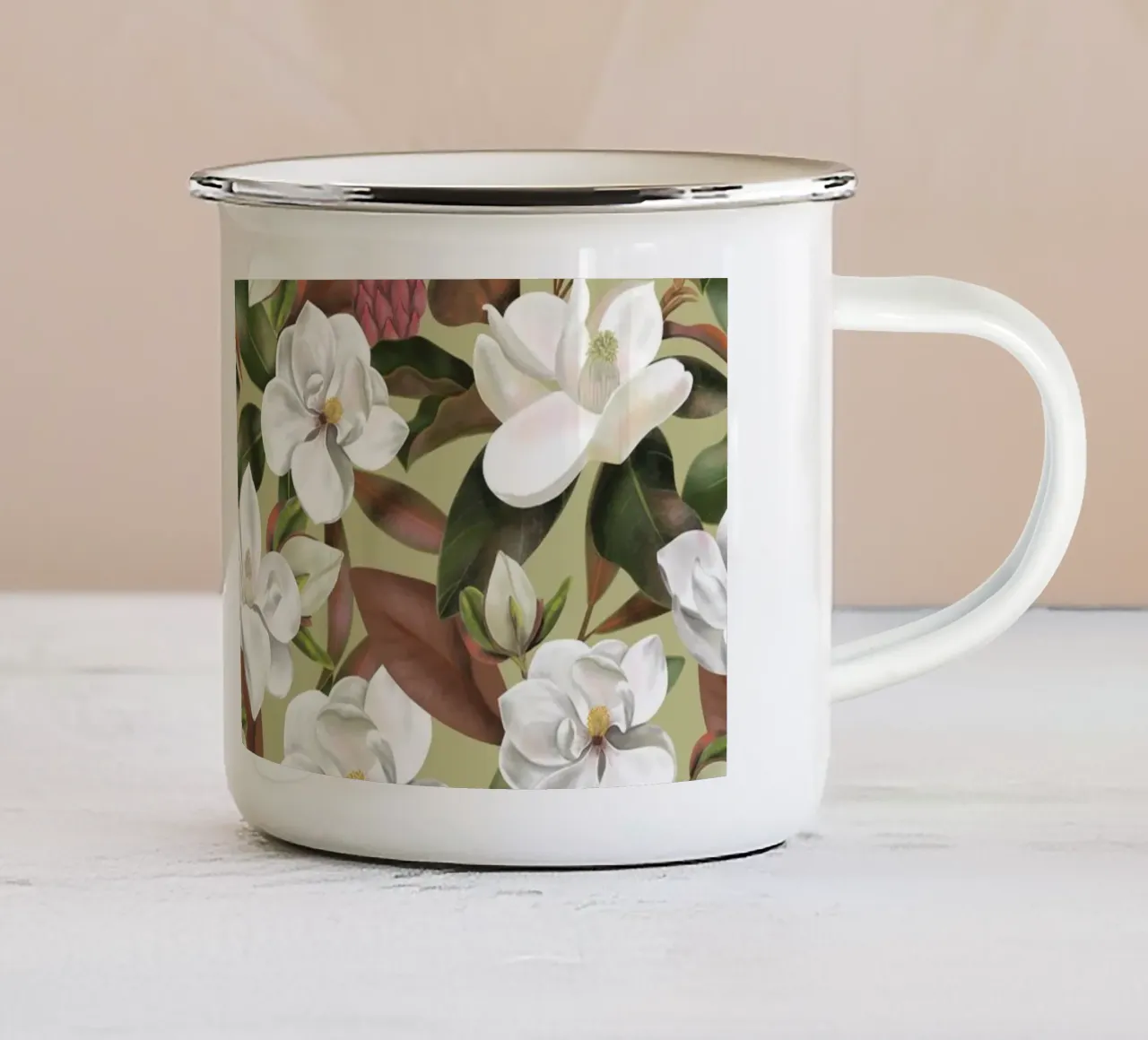 Magnolias Floral Pattern - Olive tazza in smalto da anisillustration