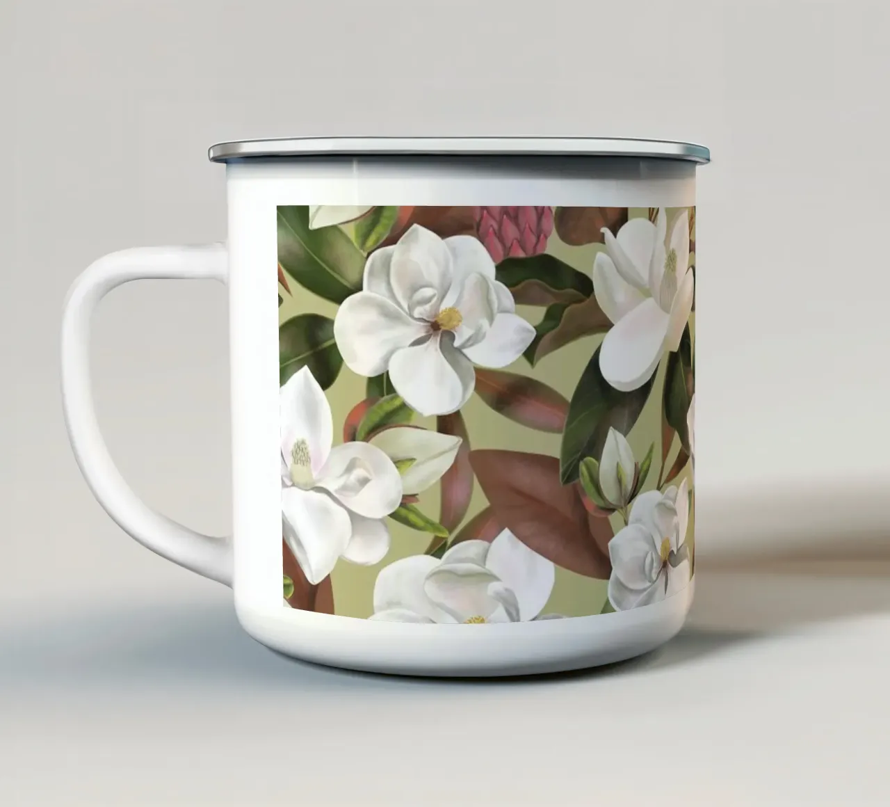 Magnolias Floral Pattern - Olive tazza in smalto da anisillustration